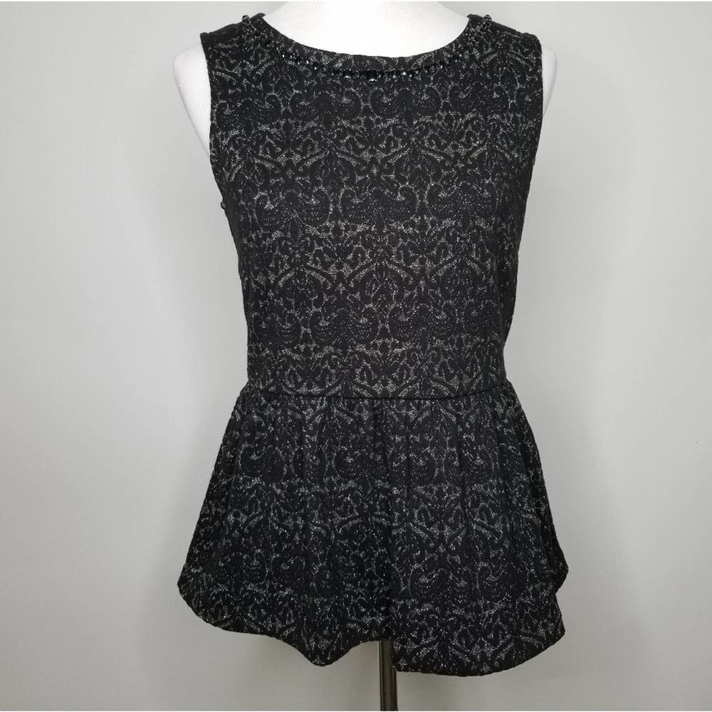 Talbots Jewel Neck Peplum Top Black Silver Metallic Sparkle Knit Small
